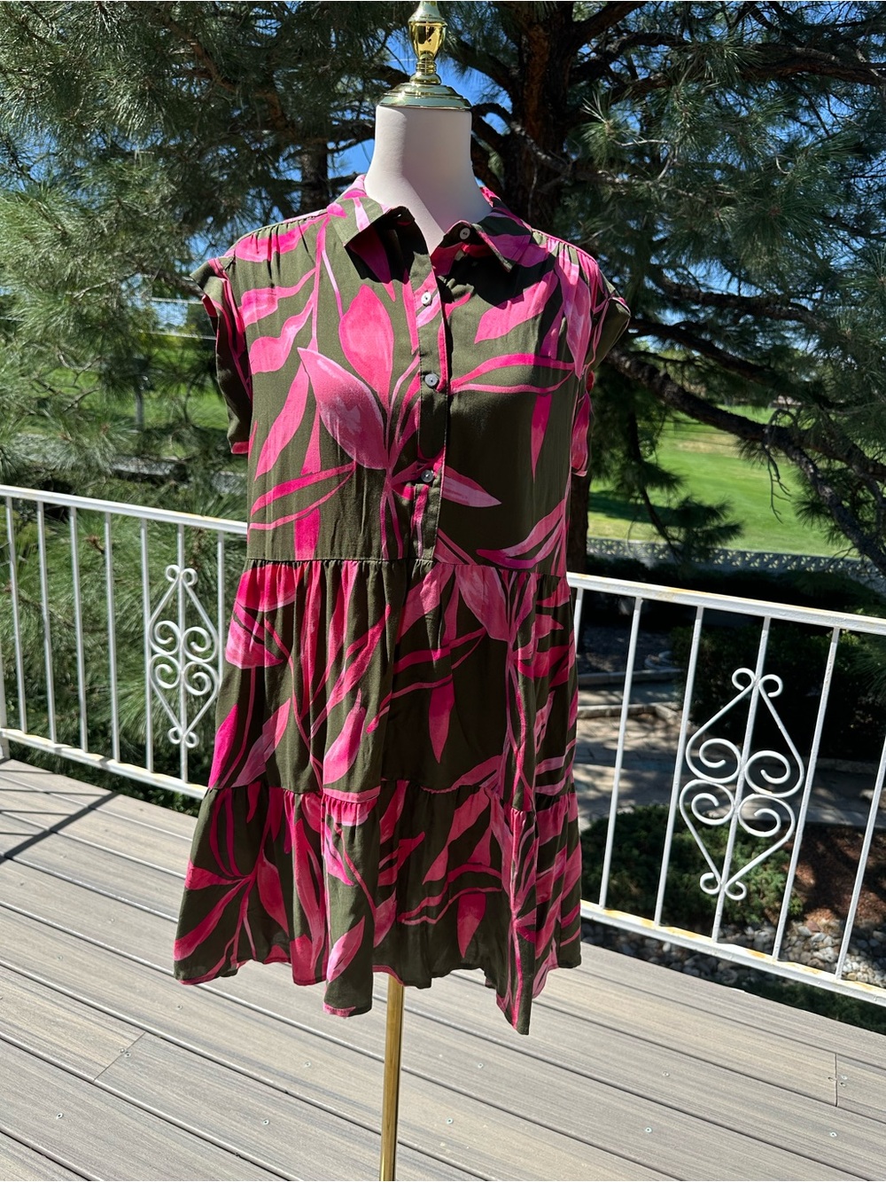 Time and Tru Olive Mini Dress with Bright Pink Leaf Print